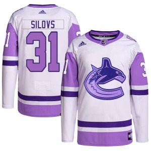 Youth Arturs Silovs Vancouver Canucks Adidas Authentic White/Purple Hockey Fights Cancer Primegreen Jersey