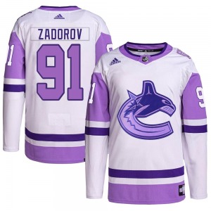 Youth Nikita Zadorov Vancouver Canucks Adidas Authentic White/Purple Hockey Fights Cancer Primegreen Jersey