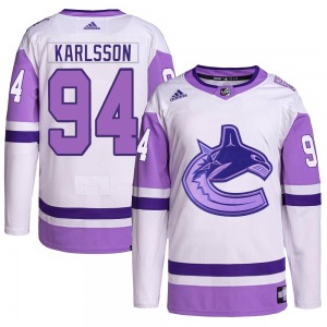 Linus Karlsson Vancouver Canucks Adidas Authentic White/Purple Hockey Fights Cancer Primegreen Jersey