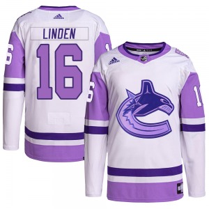 Trevor Linden Vancouver Canucks Adidas Authentic White/Purple Hockey Fights Cancer Primegreen Jersey