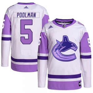 Tucker Poolman Vancouver Canucks Adidas Authentic White/Purple Hockey Fights Cancer Primegreen Jersey