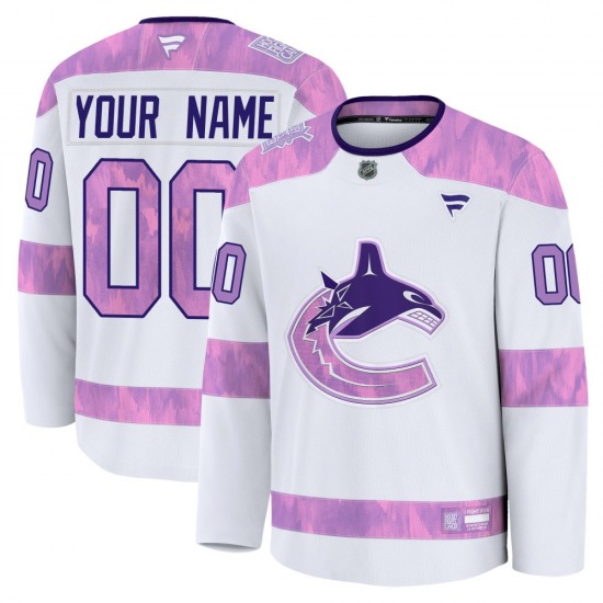 Custom Vancouver Canucks Fanatics Premium White Custom 2024 Hockey Fights Cancer Practice Jersey