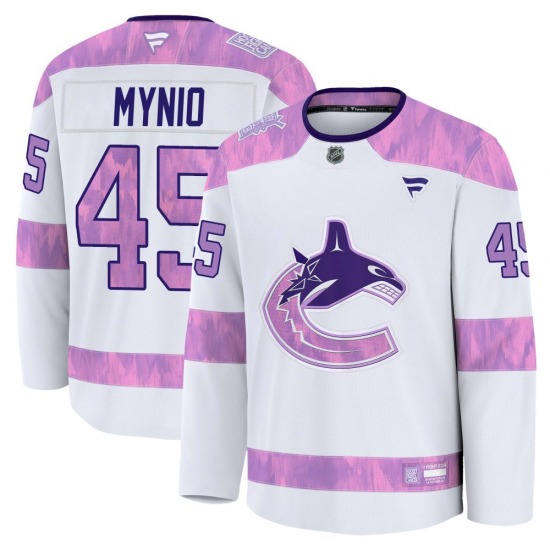 Sawyer Mynio Vancouver Canucks Fanatics Premium White 2024 Hockey Fights Cancer Practice Jersey
