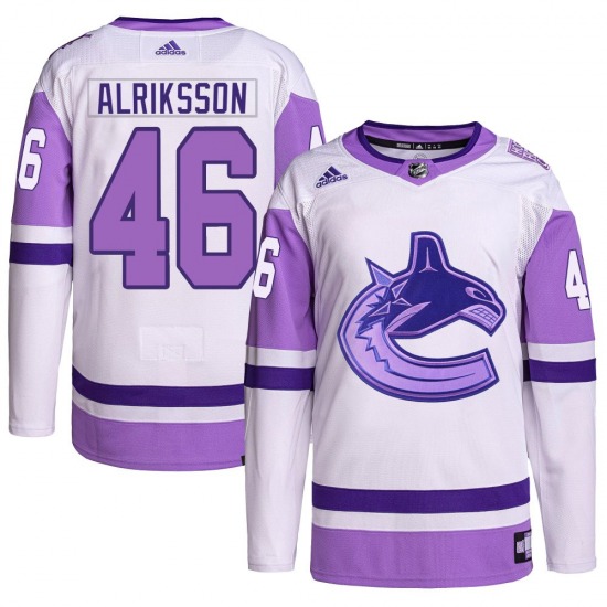Youth Vilmer Alriksson Vancouver Canucks Adidas Authentic White/Purple Hockey Fights Cancer Primegreen Jersey