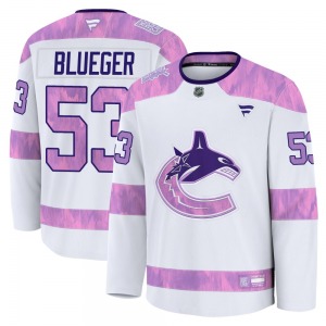 Youth Teddy Blueger Vancouver Canucks Fanatics Premium Blue White 2024 Hockey Fights Cancer Practice Jersey
