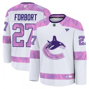 Youth Derek Forbort Vancouver Canucks Fanatics Premium White 2024 Hockey Fights Cancer Practice Jersey