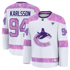 Youth Linus Karlsson Vancouver Canucks Fanatics Premium White 2024 Hockey Fights Cancer Practice Jersey