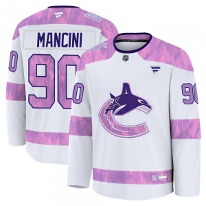 Youth Vittorio Mancini Vancouver Canucks Fanatics Premium White 2024 Hockey Fights Cancer Practice Jersey