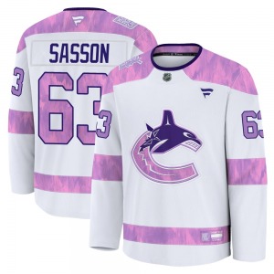 Youth Max Sasson Vancouver Canucks Fanatics Premium White 2024 Hockey Fights Cancer Practice Jersey