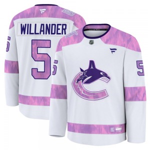Youth Tom Willander Vancouver Canucks Fanatics Premium White 2024 Hockey Fights Cancer Practice Jersey