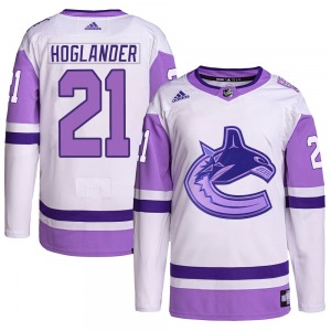 Nils Hoglander Vancouver Canucks Adidas Authentic White/Purple Hockey Fights Cancer Primegreen Jersey