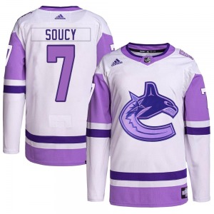 Carson Soucy Vancouver Canucks Adidas Authentic White/Purple Hockey Fights Cancer Primegreen Jersey