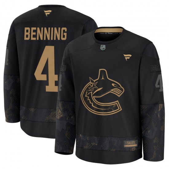 Youth Jim Benning Vancouver Canucks Fanatics Premium Black 2024 Military Appreciation Practice Jersey