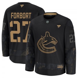Youth Derek Forbort Vancouver Canucks Fanatics Premium Black 2024 Military Appreciation Practice Jersey
