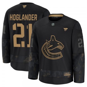 Youth Nils Hoglander Vancouver Canucks Fanatics Premium Black 2024 Military Appreciation Practice Jersey