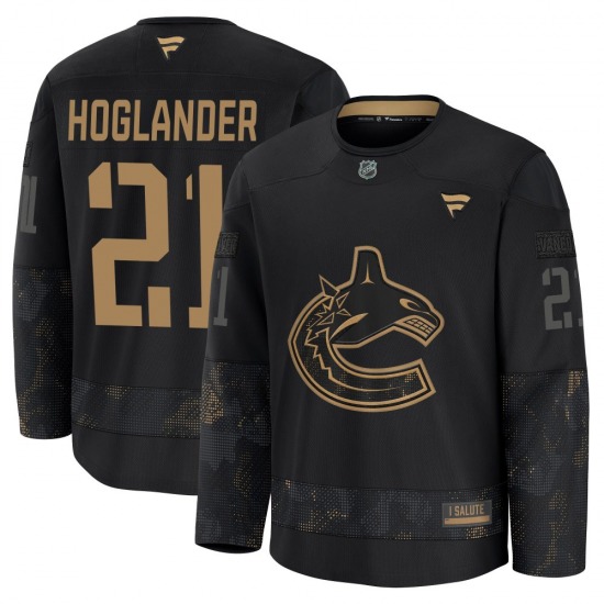 Youth Nils Hoglander Vancouver Canucks Fanatics Premium Black 2024 Military Appreciation Practice Jersey