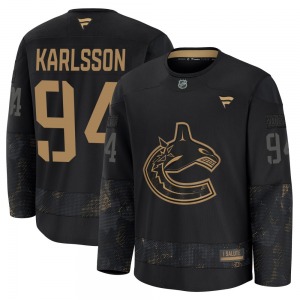 Youth Linus Karlsson Vancouver Canucks Fanatics Premium Black 2024 Military Appreciation Practice Jersey