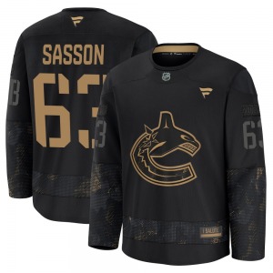 Youth Max Sasson Vancouver Canucks Fanatics Premium Black 2024 Military Appreciation Practice Jersey