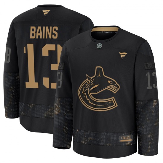 Arshdeep Bains Vancouver Canucks Fanatics Premium Black 2024 Military Appreciation Practice Jersey