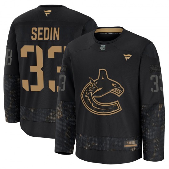 Henrik Sedin Vancouver Canucks Fanatics Premium Black 2024 Military Appreciation Practice Jersey